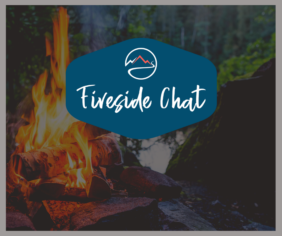 Fireside chat logo over a fire